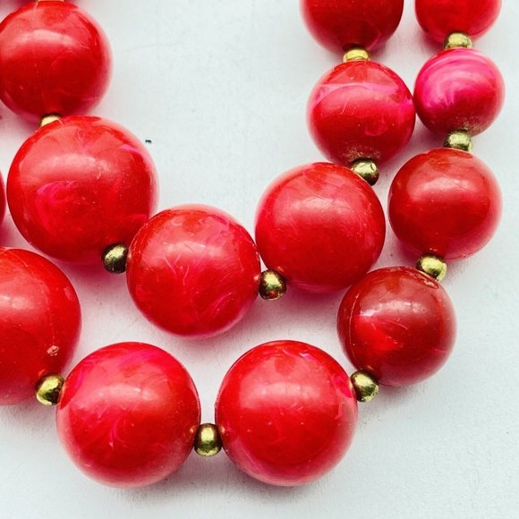 Double Strand Red Beaded Necklace Marbleized Gold Tone Classic Career Cosplay - Picture 3 of 7